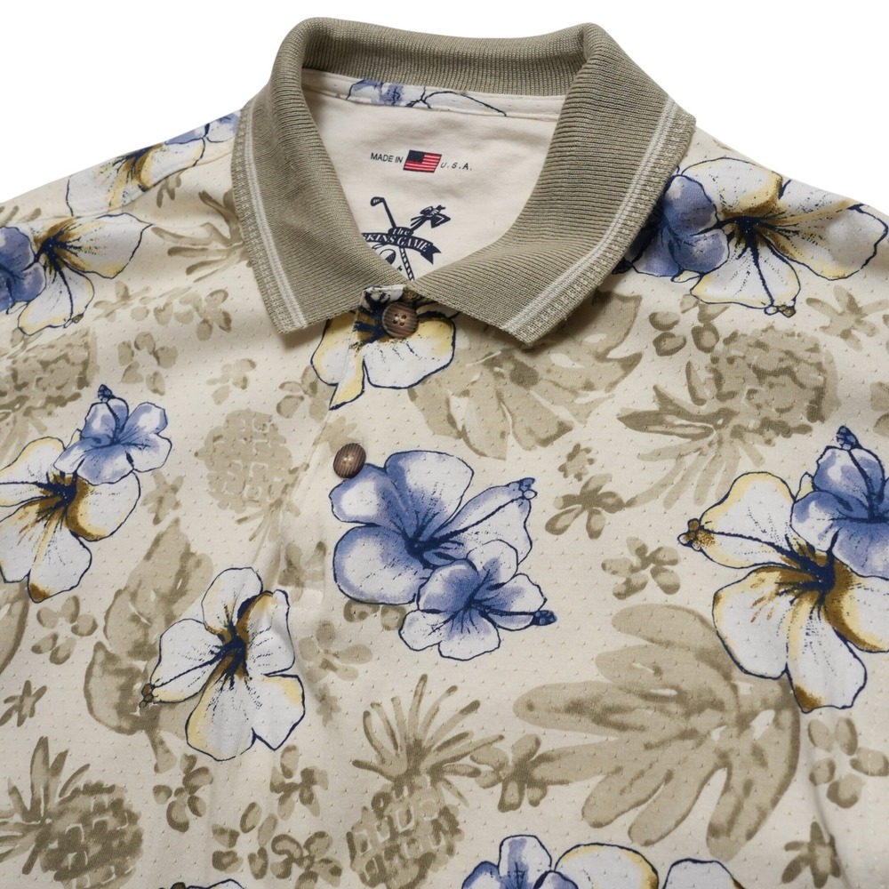 Skins Game Golf Polo Shirt Mens Medium Beige Hibiscus Pineapple‎ Vintage USA